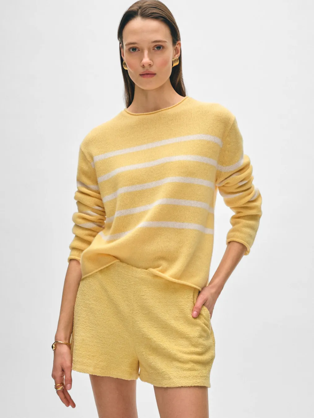cashmere striped roll trim crewneck